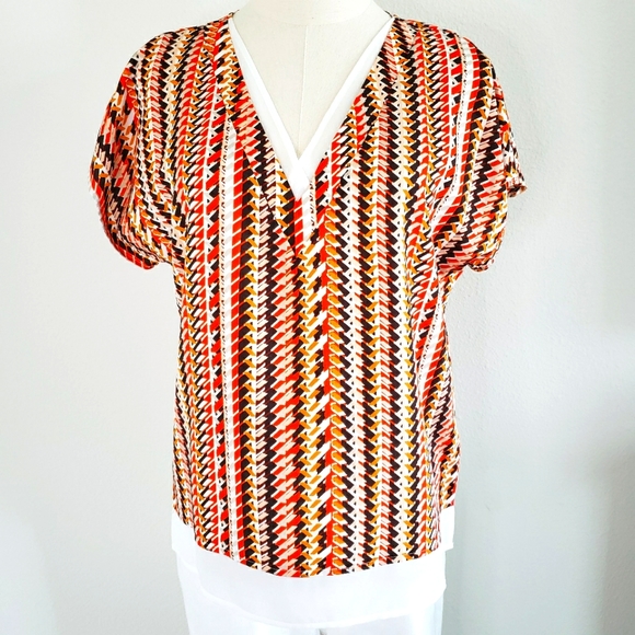 DKNY Short Sleeve Patterned Top with Chiffon Trim - Picture 2 of 13